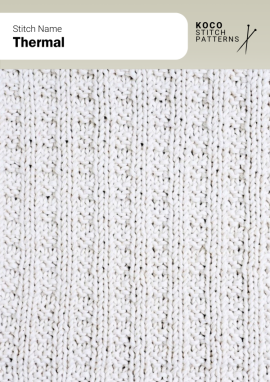A quilted, thermal-style texture provides cushioned depth and a warm, structured surface Handknit sample featuring a thermal-style pattern with small raised pockets and narrow vertical ribs
