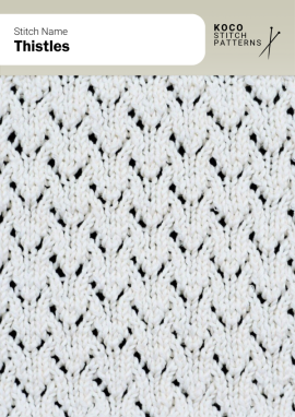 The Thistles stitch features small, pointed lace motifs arranged in neat columns, creating a delicate, botanical-inspired texture Close-up of the Thistles stitch knit in white yarn, showing vertical lace motifs shaped like small thistle blooms with open eyelets. Handknit lace stitch ideal for shawls, scarves, and delicate botanical knitwear projects