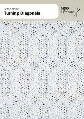 Diagonal cables twist in alternating directions to create a dynamic, woven texture Handknit Turning Diagonals cable stitch showing alternating diagonal cables crossing in a woven pattern on a textured knitted background