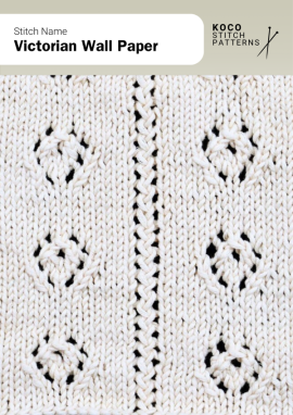The Victorian Wall Paper stitch features repeating lace diamonds framed by textured borders, echoing the elegance of classic design Close-up of the Victorian Wall Paper stitch knit in cream yarn, showing repeating lace diamond motifs separated by narrow textured borders. Handknit lace and texture stitch ideal for sweaters, blankets, and vintage-inspired knitwear projects