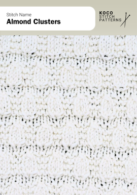 Textured almond-shaped clusters arranged in soft horizontal bands, ideal for adding gentle structure to knitwear Handknit fabric featuring repeating almond-shaped cluster stitches arranged in clean horizontal bands, adding light texture to the sample