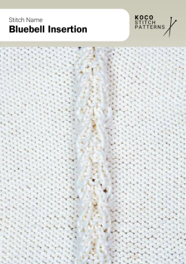 Delicate bluebell-shaped cables form an elegant insertion panel for refined knitwear detailing Handknit Bluebell Insertion cable stitch with interlaced bluebell-shaped cables on a smooth background