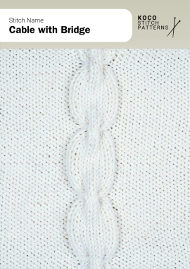 Rounded cables linked by subtle bridges create a structured and rhythmic knit design Handknit Cable with Bridge stitch showing oval-shaped cables joined by short connecting bridges on a smooth knitted background