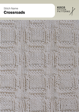 Intersecting vertical and horizontal lines frame neat textured squares, giving the pattern a clear crossroads effect Handknit sample with repeating square motifs connected by raised vertical and horizontal lines, forming a crisp crossroads-style grid