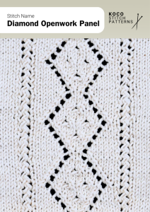 A striking lace panel with stacked diamond motifs, perfect for central accents in sweaters or shawls Handknit swatch featuring diamond open work panel stitch, with vertical lace diamonds framed by textured edges, ideal for decorative knitwear