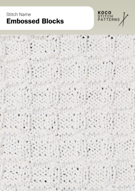 Embossed square blocks arranged in a tidy grid, giving the fabric a clean, structured texture Handknit fabric featuring repeating embossed square blocks framed by light ridges, forming a structured geometric pattern