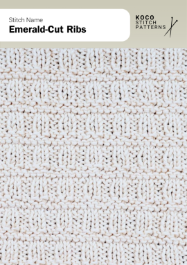 Elongated rib panels shaped like emerald-cut facets, adding crisp definition and gentle structure Handknit sample featuring repeating emerald-cut rib panels arranged in tidy horizontal bands, giving a lightly textured geometric pattern