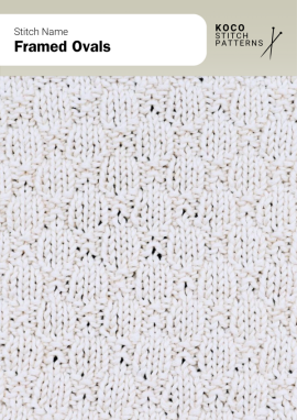 Oval motifs neatly framed by subtle ridges, creating a soft, repeating pattern with gentle structure Handknit sample featuring repeating framed oval motifs outlined by subtle ridges, creating a softly textured pattern