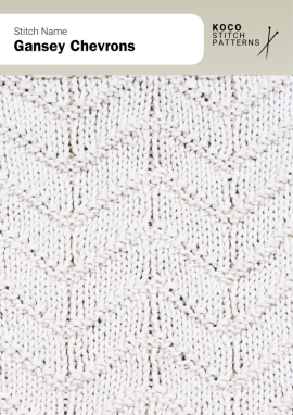 The Gansey Chevrons stitch forms textured V-shaped ridges for a classic, structured surface Close-up of the Gansey Chevrons stitch in cream yarn, showing repeating V-shaped textured ridges in a knit and purl pattern