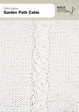 Twisting cables weave gracefully like a garden path, adding gentle movement and texture Handknit Garden Path Cable stitch showing intertwining, curved cables arranged vertically on a smooth knitted background