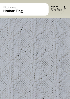 Small angled flag motifs create a rhythmic, nautical-inspired pattern with light, textured detail Handknit sample featuring small diagonal flag motifs in a repeating pattern, creating a subtle nautical-style texture