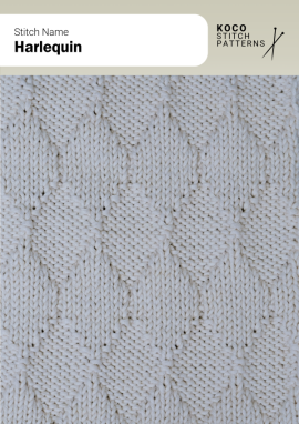 Elongated diamond shapes form a clean harlequin pattern, adding elegant structure and visual flow Handknit fabric showing repeating elongated diamond motifs arranged in a harlequin-style geometric pattern