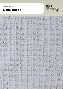 Compact box-like textures arranged in slim vertical repeats for a tidy, rhythmic surface Handknit fabric with small repeating box textures arranged in vertical columns, creating a fine geometric pattern