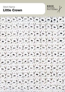 Small crown-like lace motifs repeat across the fabric, adding delicate charm to lightweight projects Handknit swatch in little crown stitch, showing repeating crown-shaped lace clusters, suited for shawls, baby garments, and decorative knitwear