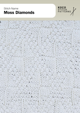 Moss-filled diamonds framed by smooth ribs create a soft geometric pattern with gentle texture Handknit sample featuring repeating diamonds with moss-stitch centres framed by smooth ribbed lines, forming a softly textured geometric pattern