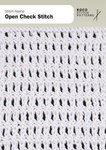 Open check stitch forms airy grids with strong vertical and horizontal lines Handknit swatch in open check stitch, featuring openwork mesh in a checkered pattern, ideal for summer garments and breathable accessories