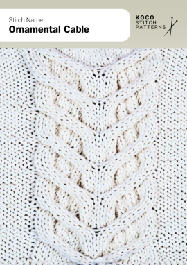 Decorative, interlacing cables form a bold, sculptural pattern with rich texture Handknit Ornamental Cable stitch showing intricate, interlaced cables arranged in a decorative vertical pattern on a smooth knitted background