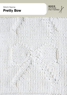 A softly raised bow motif adds a charming decorative detail with a smooth, elegant finish Handknit fabric showing a raised bow motif centred on smooth stocking stitch, creating a delicate decorative texture