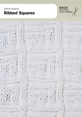 Framed ribbed squares form a structured geometric pattern with gentle depth and definition Handknit fabric featuring repeating ribbed square motifs outlined by light ridges, creating a structured geometric pattern