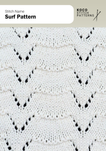 Surf pattern forms soft, rolling lace waves that capture the motion of the sea Handknit swatch in surf pattern stitch, featuring repeating lace wave motifs, suited for summer knitwear, beach-inspired designs, and airy accessories
