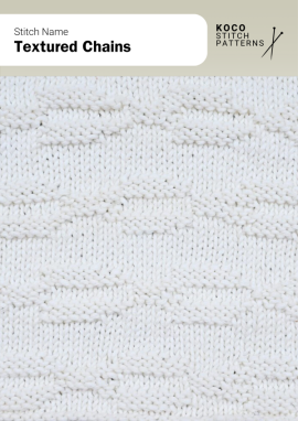 Soft horizontal chain-like segments create a clean, repeating pattern with gentle raised detail Handknit sample featuring evenly spaced raised chain-like segments forming a soft horizontal pattern