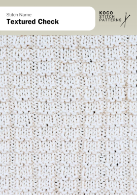 Small alternating bumps create a dense check pattern with a firm, tactile surface Handknit fabric showing small repeating textured squares arranged in a dense check pattern