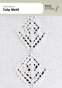 Tulip lace motifs add floral charm, repeating vertically for a delicate botanical design Handknit swatch in tulip motif stitch, featuring lace motifs shaped like tulip flowers, ideal for spring-inspired garments and decorative lace panels