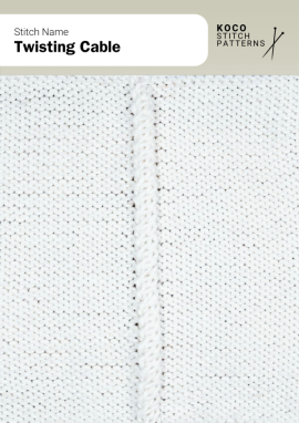 A fine, continuous twist forming a clean and classic cable line Handknit Twisting Cable stitch showing a narrow, continuously twisted vertical cable on a smooth knitted background