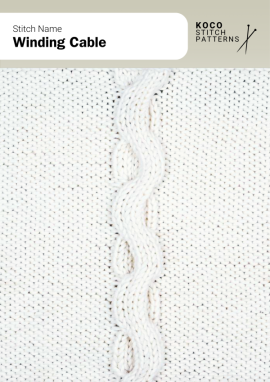 Flowing, wave-like cables create a soft winding pattern with gentle rhythm Handknit Winding Cable stitch showing vertically flowing, wave-shaped cables on a smooth knitted background