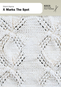 Bold lace motifs intersect to form striking X-shaped designs with graphic impact Handknit swatch in X marks the spot stitch, showing large lace X motifs across smooth stockinette, perfect for statement panels and geometric knitwear