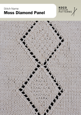 Textured moss stitch diamonds framed by lace edges create a striking, structured panel design Close-up of the Moss Diamond Panel handknit stitch pattern showing moss stitch diamonds outlined with lace eyelets in cream yarn, creating a textured, geometric panel ideal for knitwear and decorative stitch projects