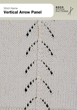 The Vertical Arrow Panel stitch features a sleek lace column of arrow-shaped motifs that add direction and definition to knitwear Close-up of the Vertical Arrow Panel stitch knit in cream yarn, showing a vertical lace column of arrow-shaped motifs bordered by stockinette. Handknit lace panel stitch ideal for sweaters, shawls, and structured knitwear projects