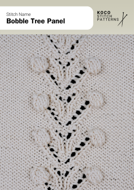 Bobbles arranged in a branching tree formation create a textured vertical panel that adds natural elegance to handknit designs Close-up of the Bobble Tree Panel stitch pattern in white yarn, featuring vertically aligned bobbles framed by lace branches perfect for handknit sweaters, scarves, and blankets with decorative cable and bobble stitches