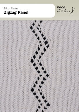 The Zigzag Panel stitch features a bold vertical line of angled lace motifs, adding modern geometric movement to the fabric Close-up of the Zigzag Panel stitch knit in cream yarn, showing a vertical lace column forming a zigzag line through smooth stockinette. Handknit lace panel stitch ideal for sweaters, shawls, and modern geometric knitwear projects