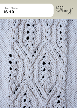 Layered cables and floral-style lace motifs create a richly textured, ornamental handknit panel Close-up of the JS 10 handknit stitch pattern in white yarn, featuring layered cable motifs, floral-style lace openings, and a richly textured lattice design