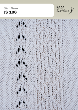 Twisted cable lines and openwork eyelets form a flowing, textured lace panel. White yarn swatch showing JS 106 lace stitch with twisted cables and openwork eyelets.