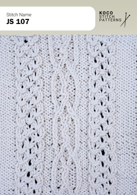 Braided cable columns frame a central textured panel for a classic, detailed finish. White yarn swatch showing JS 107 stitch with braided cable columns and small openwork details.