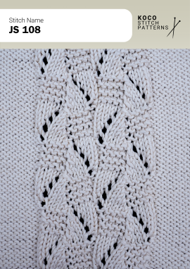 Interlocking cable motifs and eyelet details form a bold, symmetrical lace pattern. White yarn swatch showing JS 108 stitch with interlocking cables and open lace eyelets.