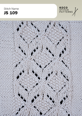 Large diamond cable motifs create a bold, sculptural pattern with delicate lace accents. White yarn swatch showing JS 109 stitch with large diamond cable motifs and lace eyelets.
