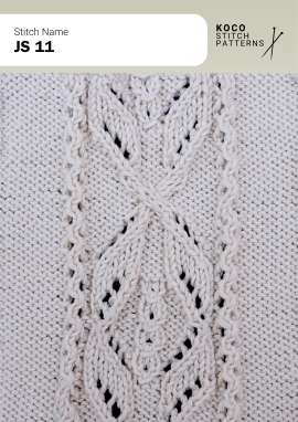 Sweeping crossed cables and delicate openwork make this an elegant, dimensional handknit pattern Close-up of the JS 11 handknit stitch pattern in white yarn, showing sweeping crossed cables, narrow twisted cable columns, and delicate lace openings
