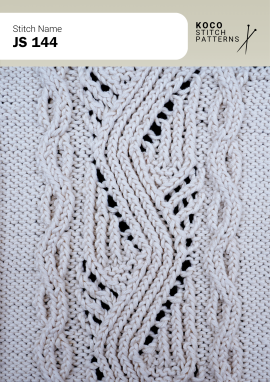 Interwoven cables and airy eyelets create a richly textured lace panel with soft movement. White yarn swatch showing JS 144 stitch with interwoven cables and open lace eyelets.