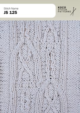 Crossed cables and textured columns form a balanced, classic knit panel. White yarn swatch showing JS 125 stitch with crossed central cables and textured vertical columns.