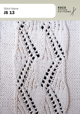 A central diamond cable and airy lace details create a balanced, dimensional handknit design Close-up of the JS 13 handknit stitch pattern in white yarn, showing a central diamond cable motif with eyelet lace and twisted cable borders