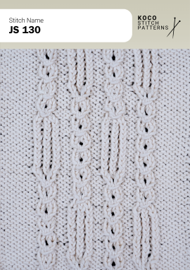 Vertical cables and slim eyelet details create a refined, structured knit panel. White yarn swatch showing JS 130 stitch with vertical cables and small lace eyelets.