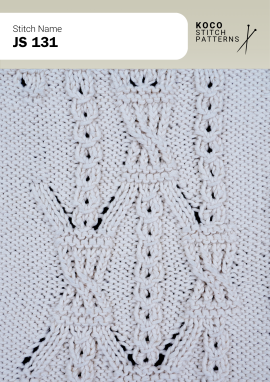 A geometric cable design with lace accents creates a balanced, decorative knit texture. White yarn swatch showing JS 131 stitch with geometric cable motifs and lace eyelets.