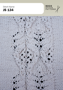 Leaf inspired cable shapes and airy eyelets create a graceful, organic knit texture. White yarn swatch showing JS 134 stitch with leaf shaped cable motifs and lace eyelets.