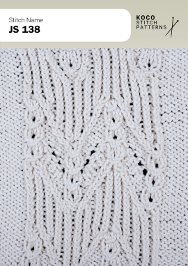 A central cable panel with delicate eyelets creates a soft, flowing texture. White yarn swatch showing JS 138 stitch with vertical cables and open lace eyelets.