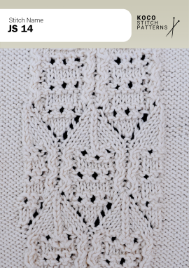 Layered cables, small eyelets, and raised texture create a richly detailed handknit panel Close-up of the JS 14 handknit stitch pattern in white yarn, featuring layered cable columns, raised textured stitches, and delicate eyelet lace openings