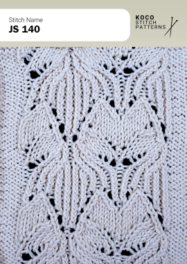 Repeating diamond panels with delicate eyelets create a classic, textured lace design. White yarn swatch showing JS 140 stitch with repeating diamond motifs and open lace eyelets.