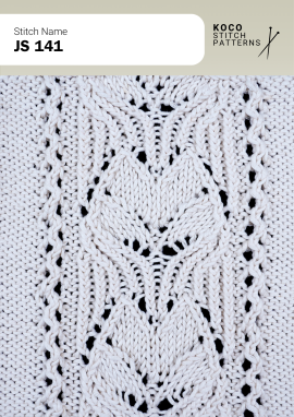 Large diamond cable motifs and eyelet details create a bold, decorative knit panel. White yarn swatch showing JS 141 stitch with diamond cable motifs and lace eyelets.